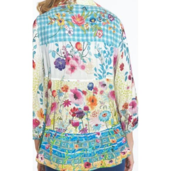 New John Mark Womens Medium Hummingbird Floral Lagenlook Button-Up Shirt Artsy - Picture 14 of 14